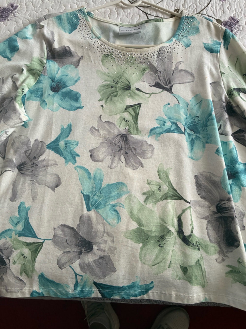 Alfred Dunner White Floral Tunic with Aqua, Seafoam & Gray